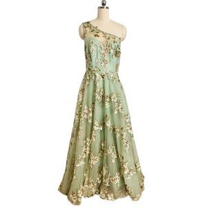 Mac Duggal Green and Gold Floral Embroidered One-Shoulder SAMPLE Gown | 12W
